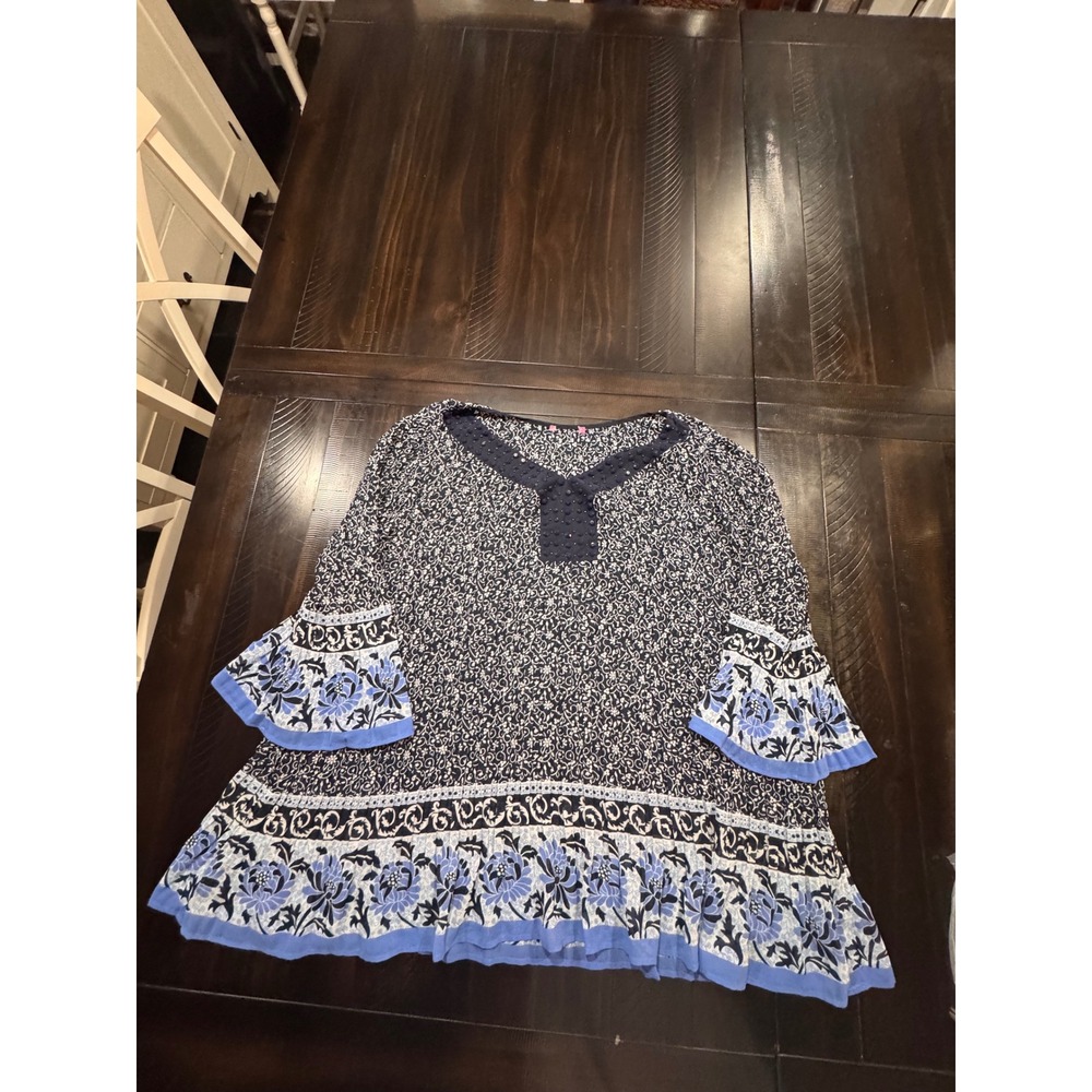 Navy Blue Floral Paisley Crochet V-Neck Bell Sleeve Ruffle Hem Tunic Top